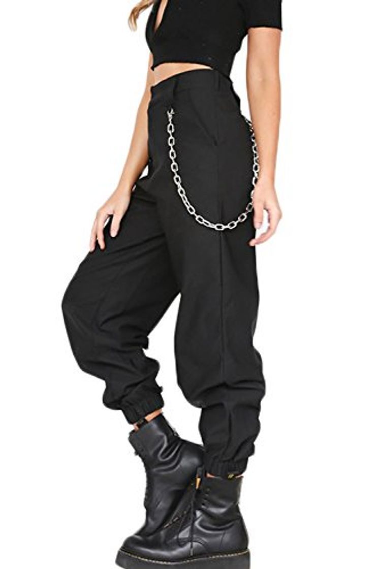 Producto YACUN Mujer Casual Pantalones Cargo Pantalon Hip Hop Jogger con Cadena Danza Streetwear Boyfriend Harem Black L