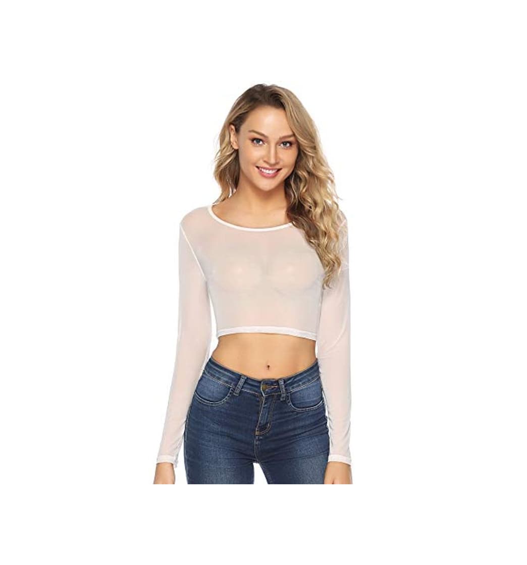 Moda Abollria Camiseta Transparente para Mujer Lace Top Corto Blusa de Malla Manga Larga Sexy Top de Encaje de Cuello Redondo para Primavera Verano