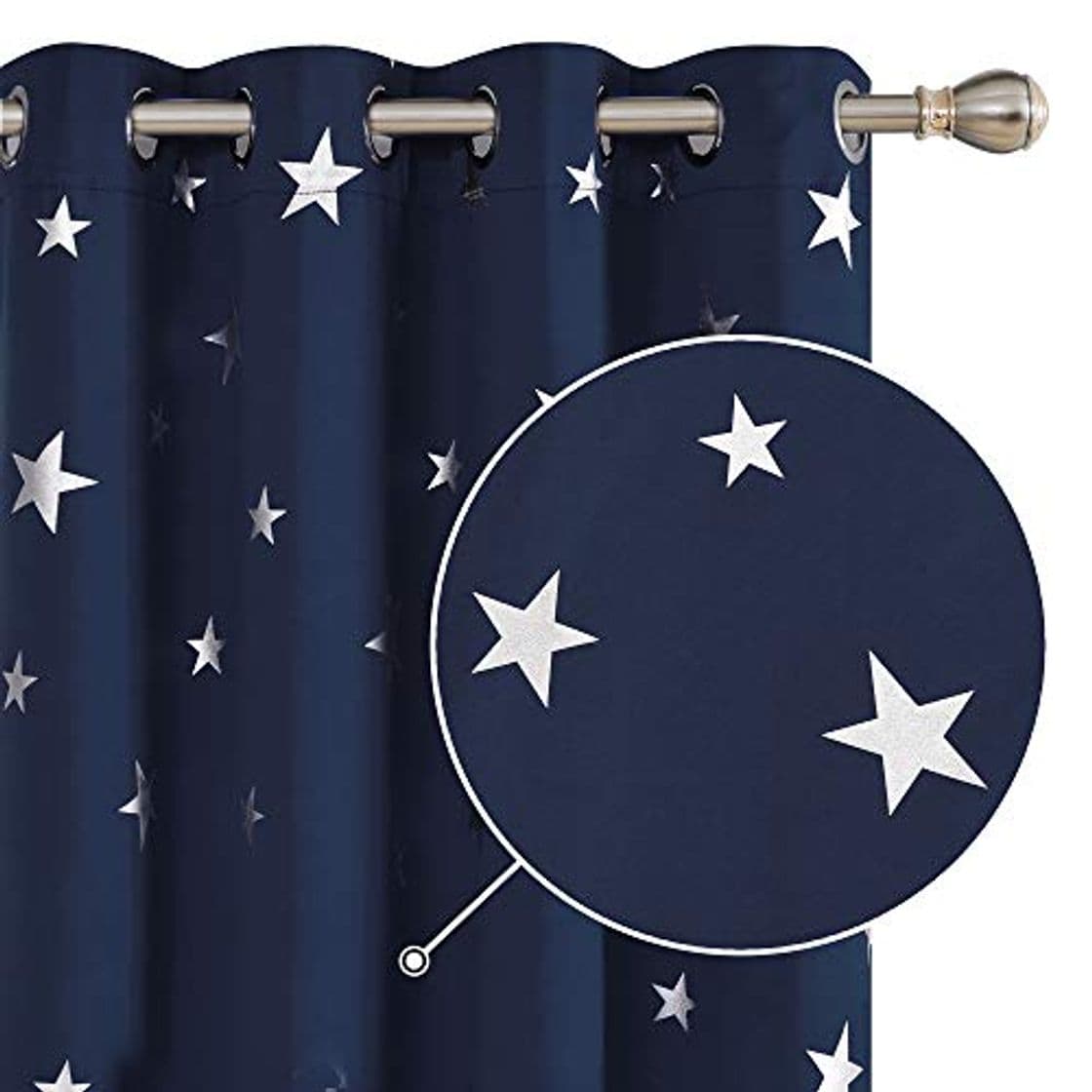 Product Deconovo Cortinas Opacas de Salon con Aislamiento Térmico para Ventanas Infantiles Estrella Plateada 2 Piezas 132 x 160 cm Azul Marino