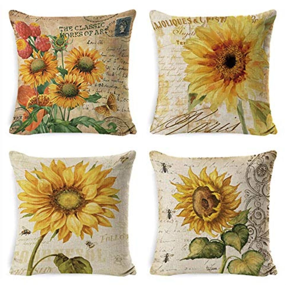 Producto AZZXZONa Fundas De Cojines 45X45Cm Sofá Cama De Lino Silla Decoración para El Hogar Fundas De Almohada Cuadradas con Cremallera Invisible 18X18 Pulgadas Cojines De Girasol Vintage Juego De 4