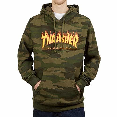 Product THRASHER Magazine Men's Flame Pullover Long Sleeve Hoodie Forest Camo Green M