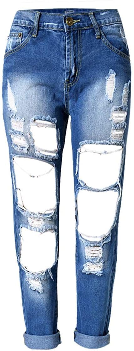 Fashion Zonsaoja Mujer Vaqueros Agujero Rotos Casual Suelto Denim Pantalones Jeans Lightblue S