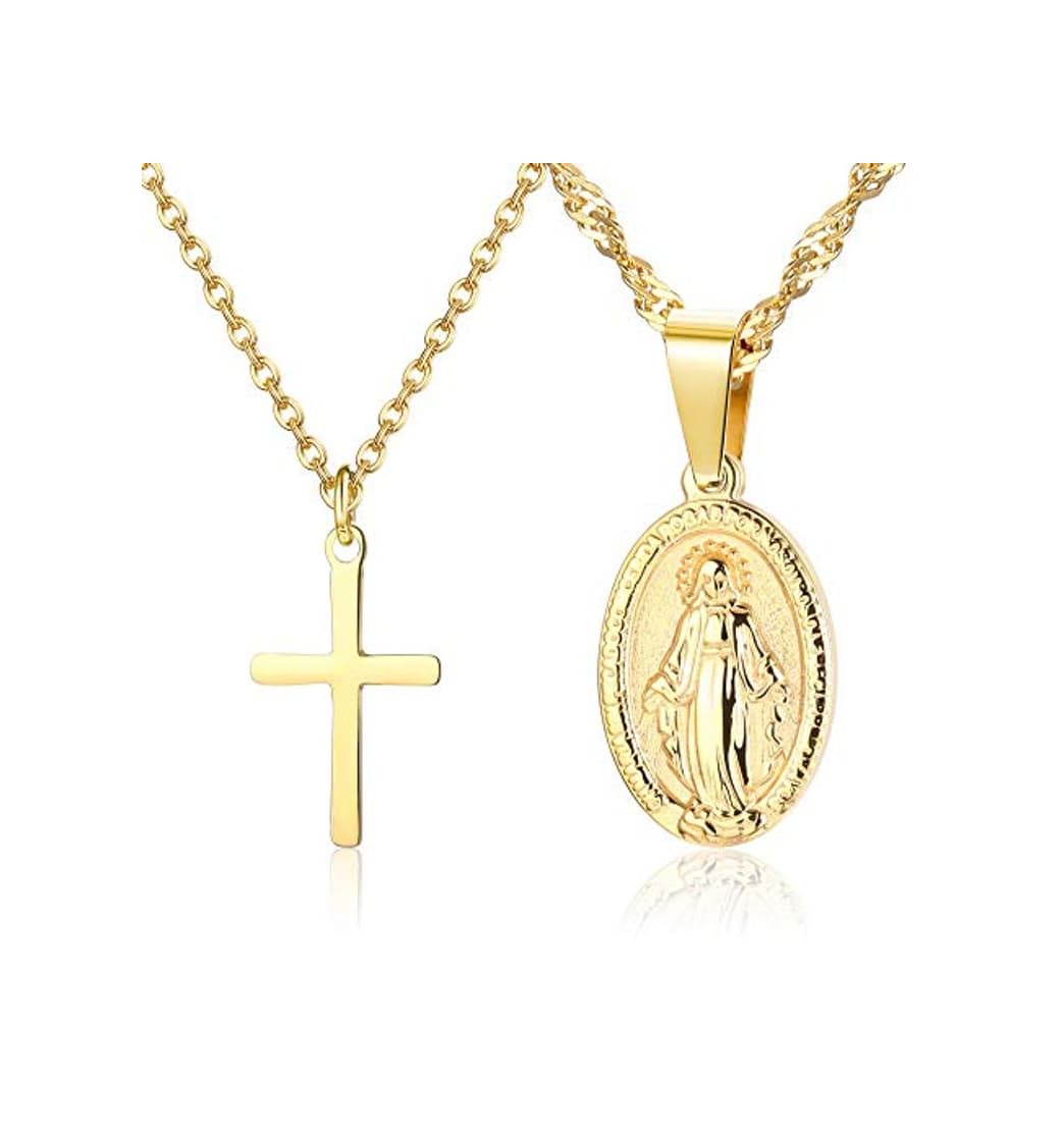 Product CASSIECA 2 Piezas 14K Chapado en Oro Acero Inoxidable Collar para Hommer Mujer Cruz Colgante Collar Virgen Maria San Cristóbal Collar Joyería Católica Cristiana