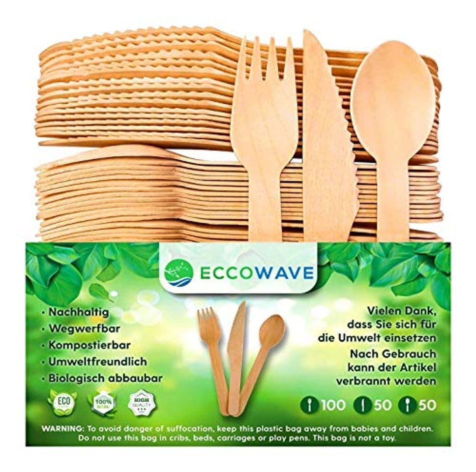 Product EccoWave - Paquete de 200 Cubiertos de madera Desechables Ecológicos Aptos para