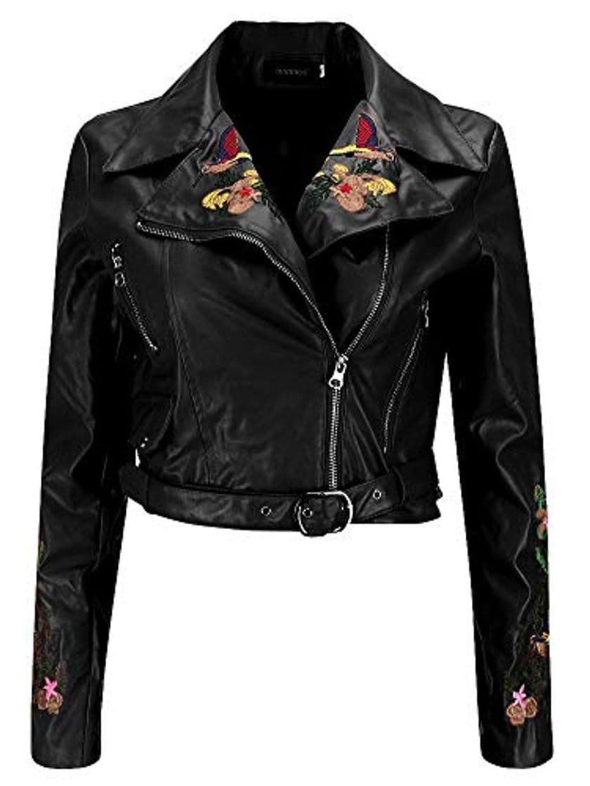 Product Piel Sintética Cuero del Faux Flor Flores Bordados Asimétrico Wrap Cuello Moto Biker Motorbike Jacket Cazadora Chaqueta Chamarra Corta Corto Top Cremallera Zipper Delantera Negro S