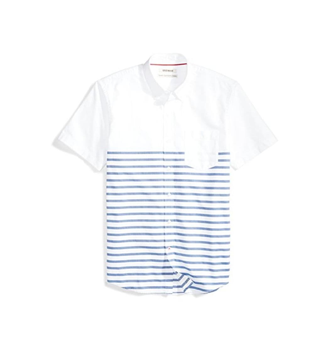 Fashion Goodthreads Standard-Fit Short-Sleeve Placed-Stripe Pocket Oxford Shirt Button-Down-Shirts, Blanco/Azul