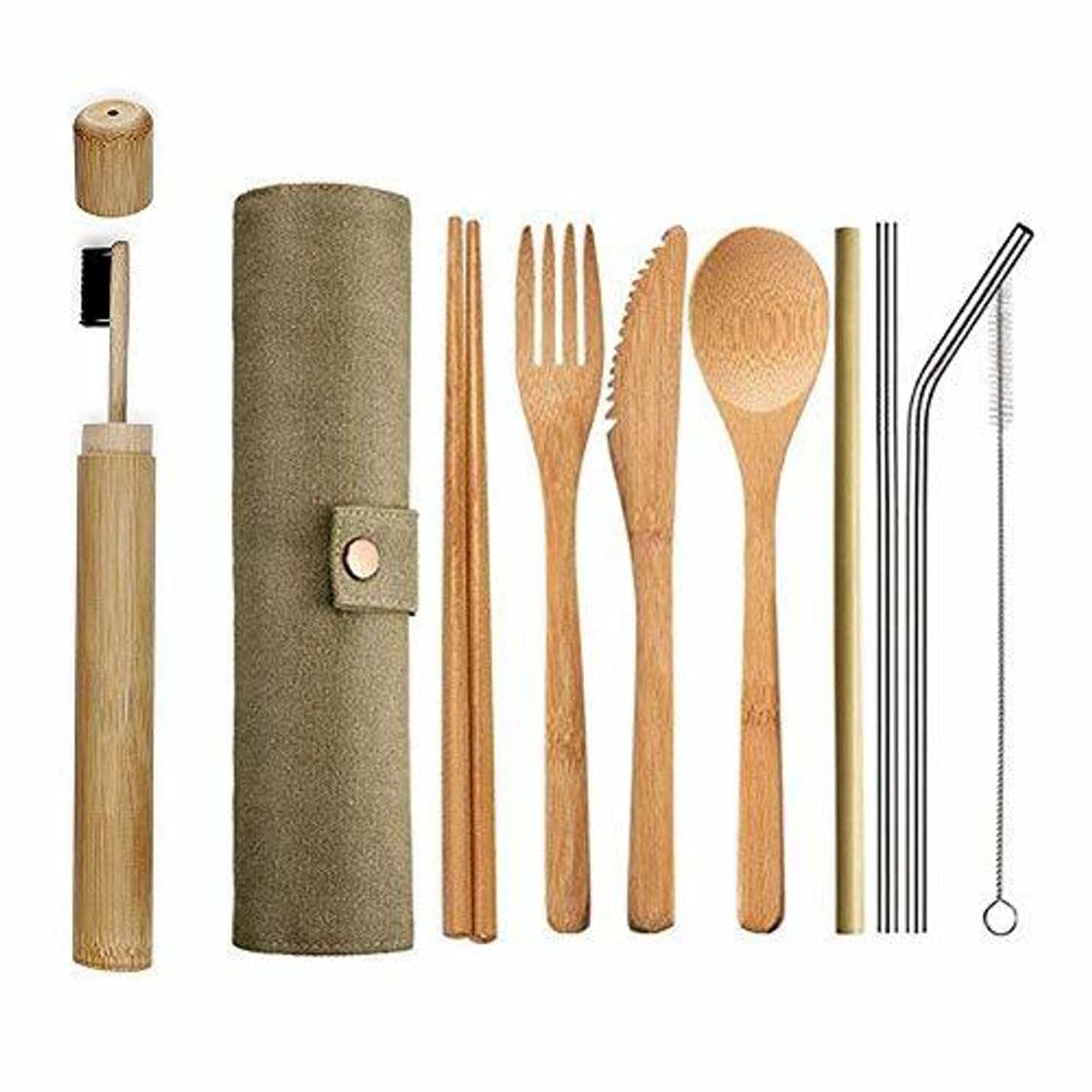 Product Ecológico Reutilizable Bambú Cubiertos Set,Portátil Madera Cubertería Ideal para Viaje,Fiambrera,Camping