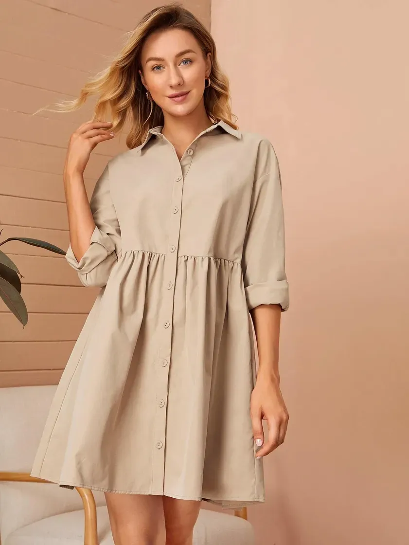 Fashion Vestido Smock camisa unicolor 