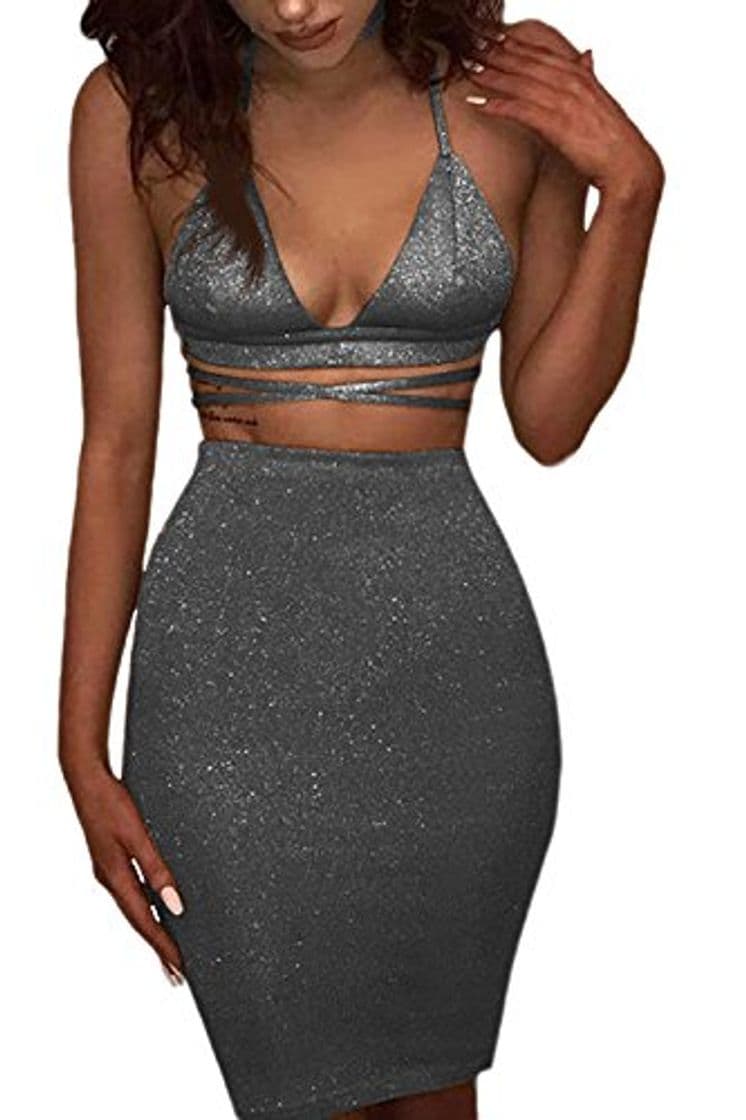 Product Vestidos De Fiesta Mujer 2 Piezas Conjunto Verano Sexy Bodycon Apretado Sin Mangas De Vendaje Discoteca Midi Crop Top y Falda Conjuntos Gris S