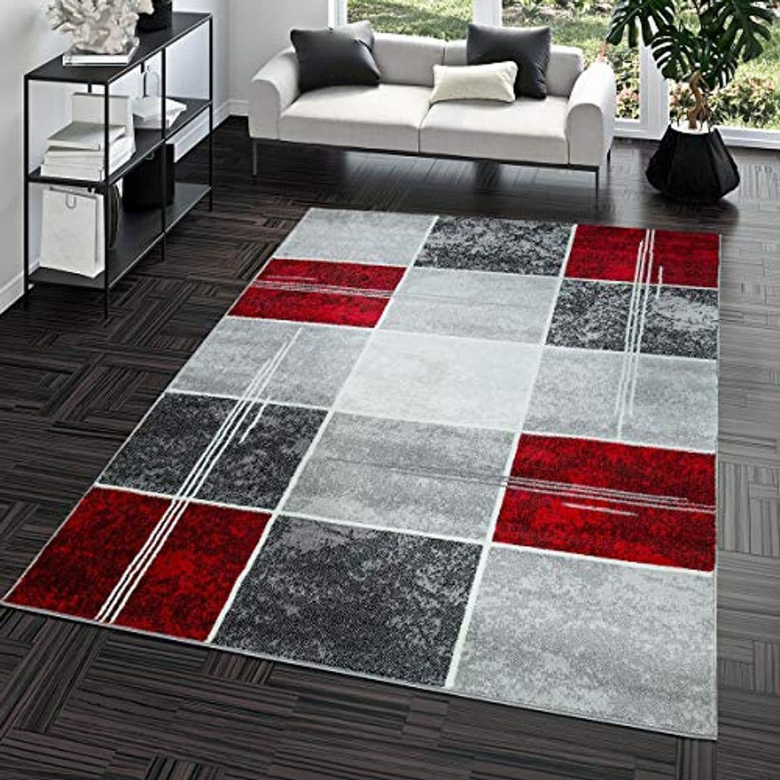 Product T&T Design Alfombra De Salón Moderna Económica Diseño Cuadros En Gris Rojo