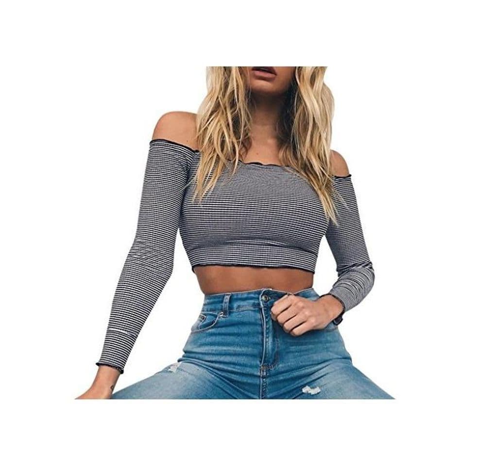 Moda Camiseta Corta de Manga Larga, Holacha Blusa sin Tirantes Apretado Tops para Mujeres (S