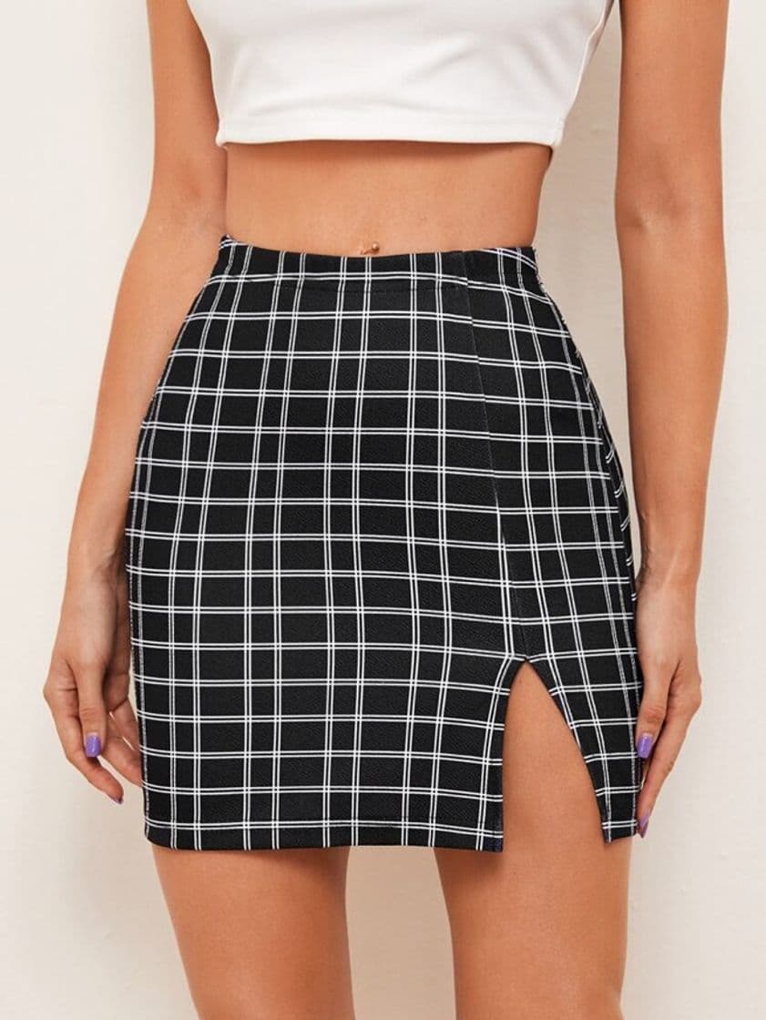 Moda Split Hem Plaid Skirt