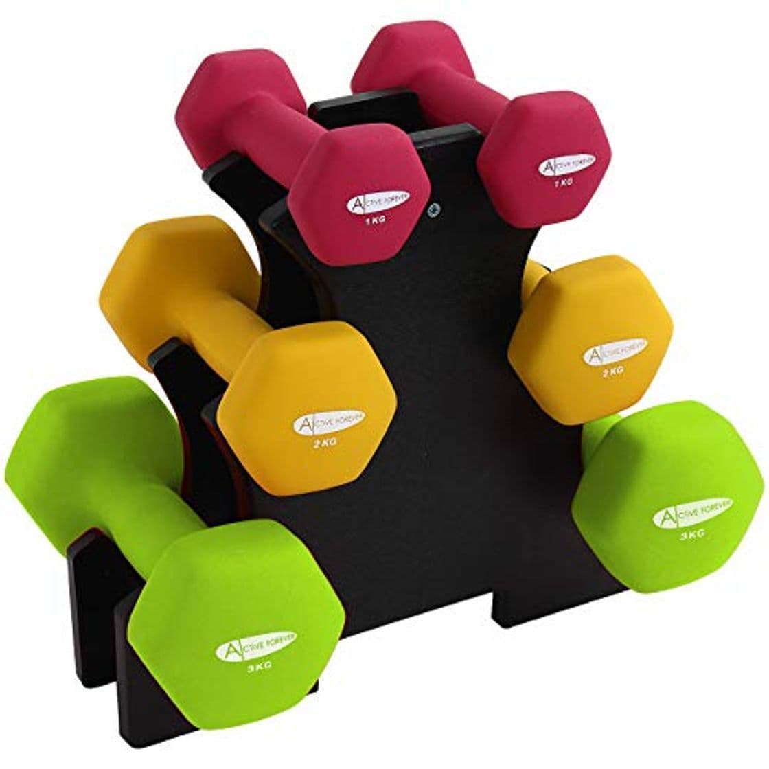 Product Active Forever 3 Pares Mancuernas Hexagonales con Soporte, Mancuernas Antideslizantes Impermeables de