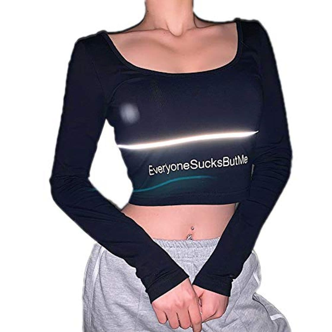 Product Hip Hop Street Dance Croped Tops para Mujer Camiseta Corta Estampada Reflectante Personalizada Tops con Cuello en U