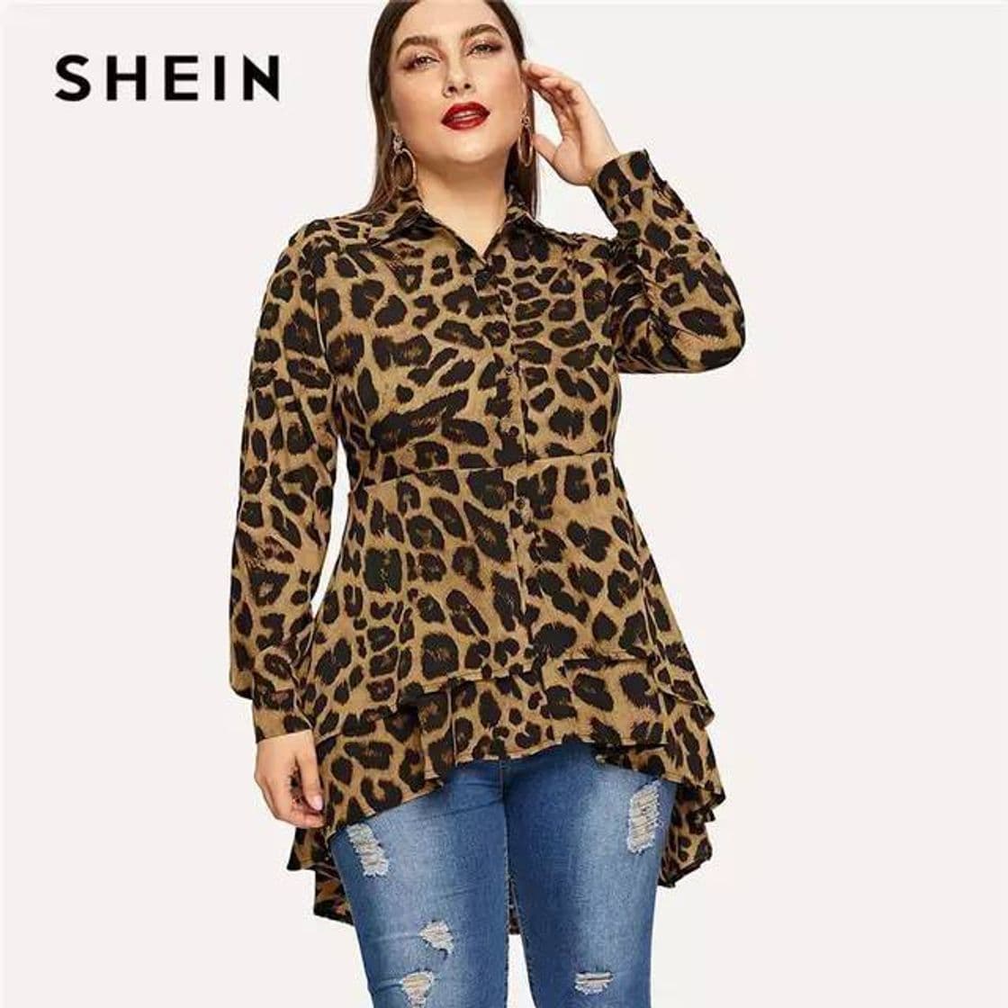 Producto Shein plus size casual leopardo impressão dip hem camisa blu