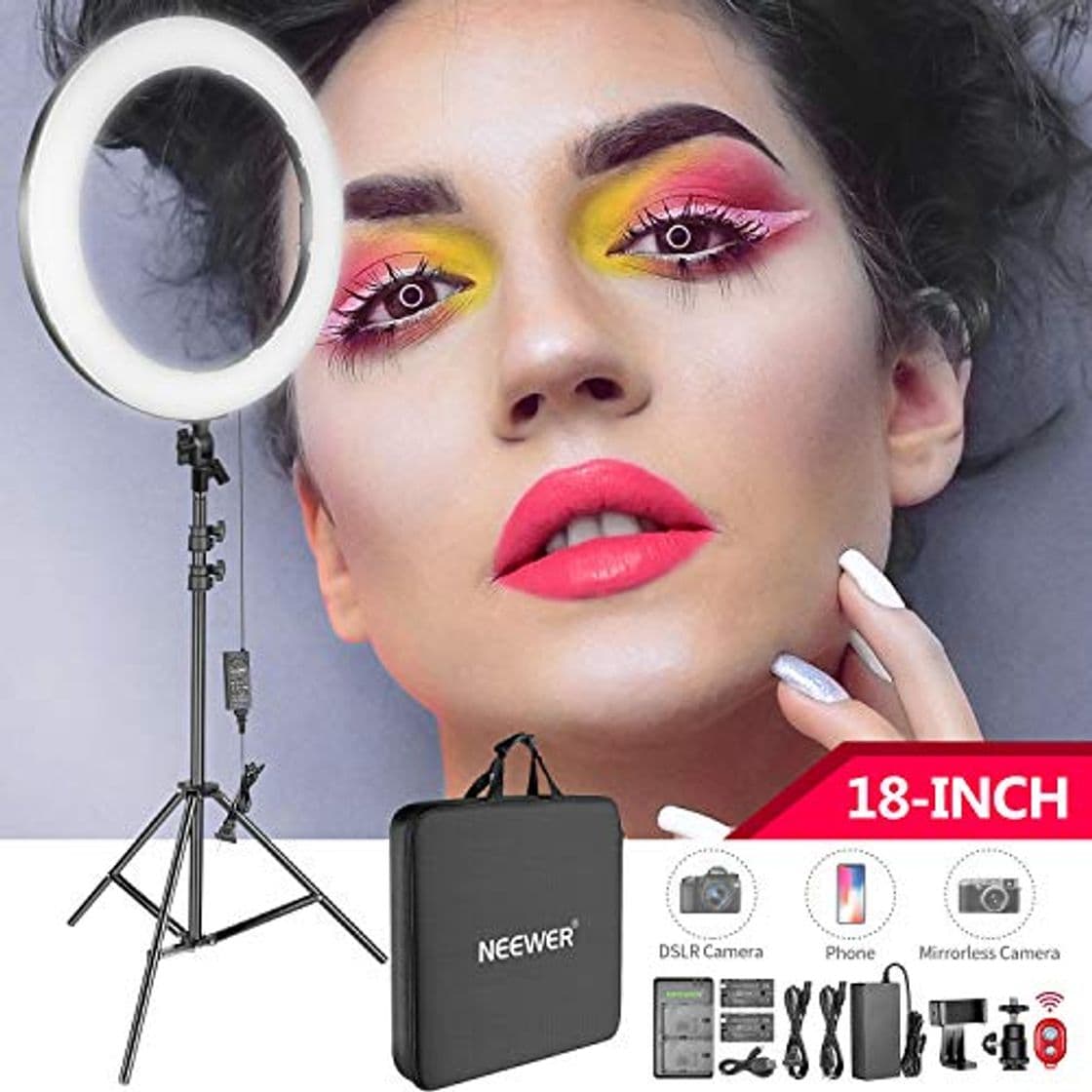 Producto Neewer Kit Luz Anillo LED 48cm para Maquillaje Video Temperatura de Color Ajustable con Batería Alimentación DC Batería Cargador USB Adaptador AC Abrazadera Soporte Incluido