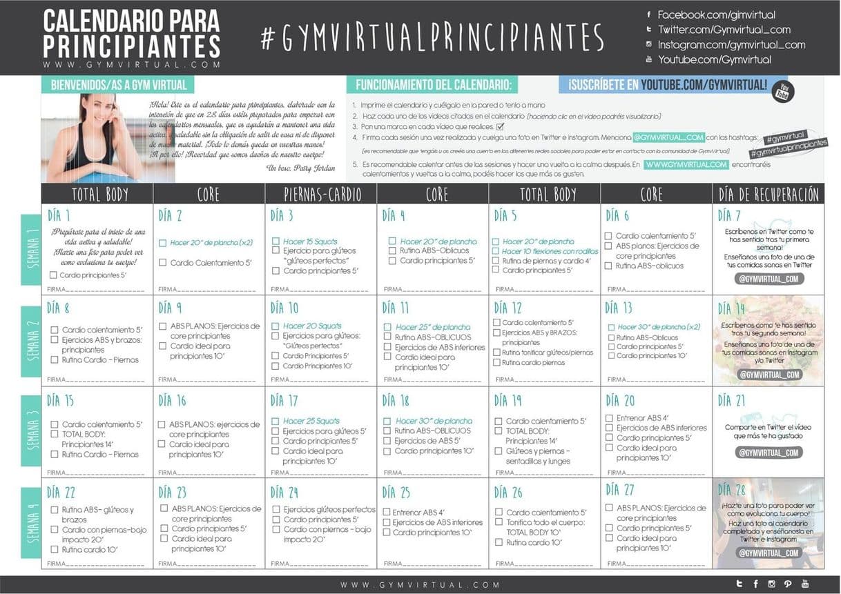 Fashion calendario principiantes - GYM VIRTUAL