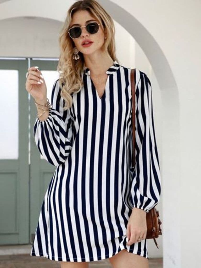 Product Notched Collar Vertical Stripe Shirt Dress