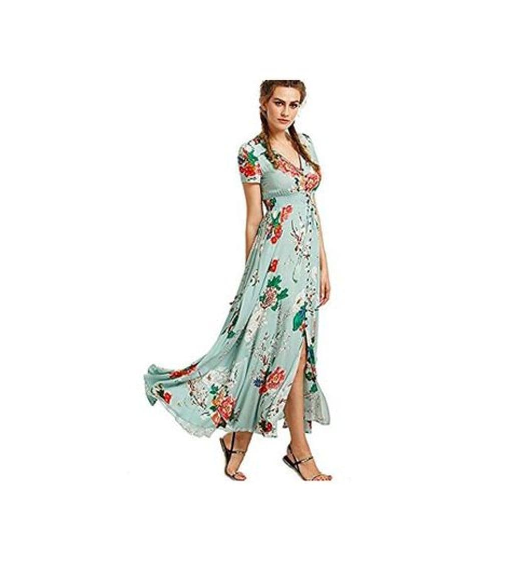 Producto Vestido Largo Floral Maxi de Verano Manga Corta para Mujer Sexy Cuello En V Floral Impreso Vintage Estilo Etnico de Alta Split Beach