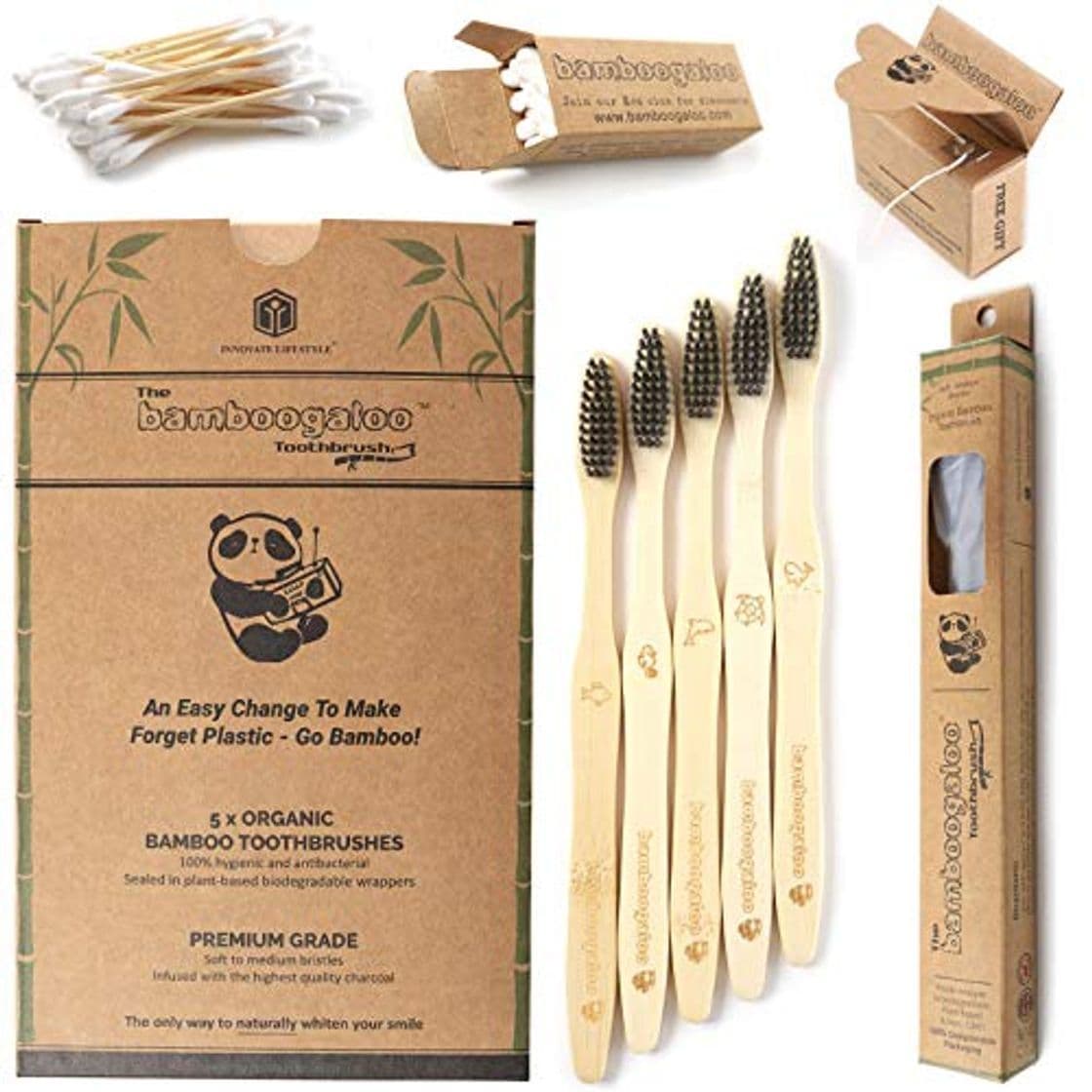 Product BAMBOOGALOO Cepillo Dientes Carbón Bambú Orgánico x5 -Cepillos de Dientes de Bambú