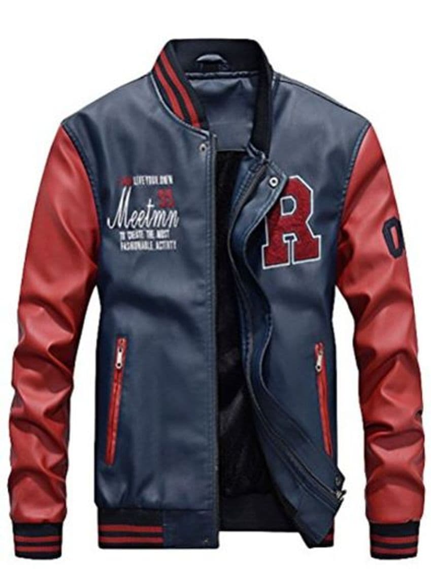 Fashion Vogstyle Hombres Cuero de Invierno la de Chaqueta de la PU de Béisbol con Chaquetas Azul Oscuro XS