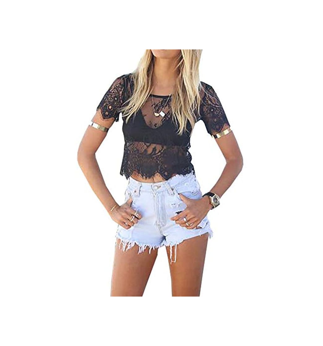 Product Loralie Crop Top Mujer Transparente Camisetas de Encaje Tops Corto Sexy Casual