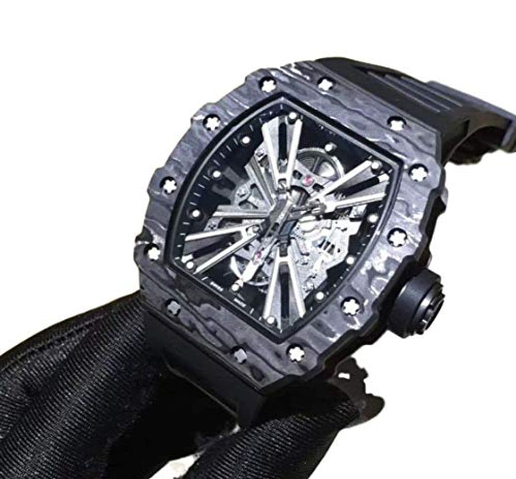 Moda AW. Black Red Rubber Men Sapphire Automatic Mechanical Carbon Fiber Skeleton Dial