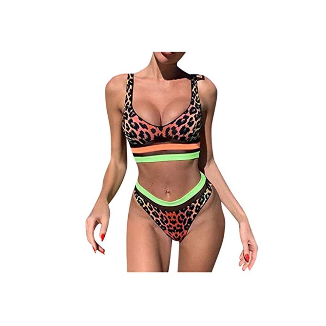 Fashion LANSKIRT Traje de Baño Mujer Tallas Grande Sexy Bikinis Leopardo Patchwork a Rayas Patchwork Bañadores Cintura Alta Ropa de Playa Verano Biquini Vikinis Elasticos Trikini Modernas