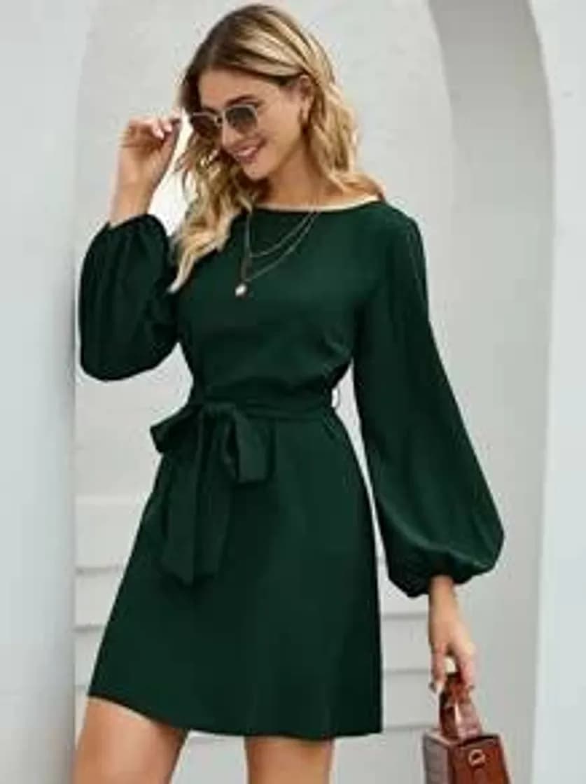 Fashion Lantern Sleeve Belted Tunic Dress | SHEIN USA