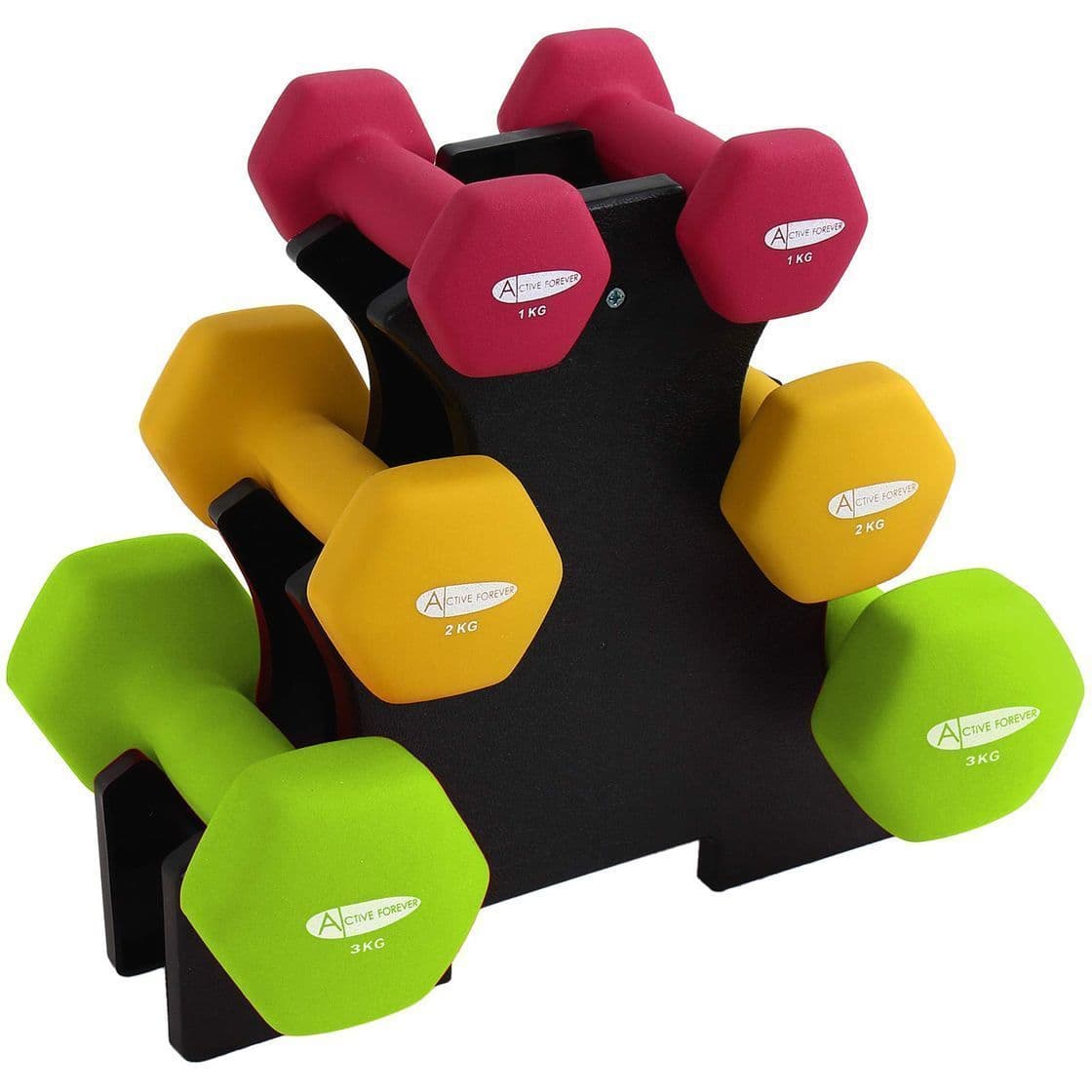 Producto Active Forever 3 Pares Mancuernas Hexagonales con Soporte, Mancuernas Antideslizantes Impermeables de