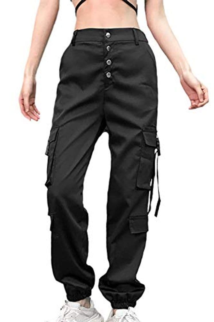 Fashion YACUN Pantalones Cargo para De Cintura Alta Mujer Pantalones Casual Jogger Girls Sarga Bolsillos Negro L