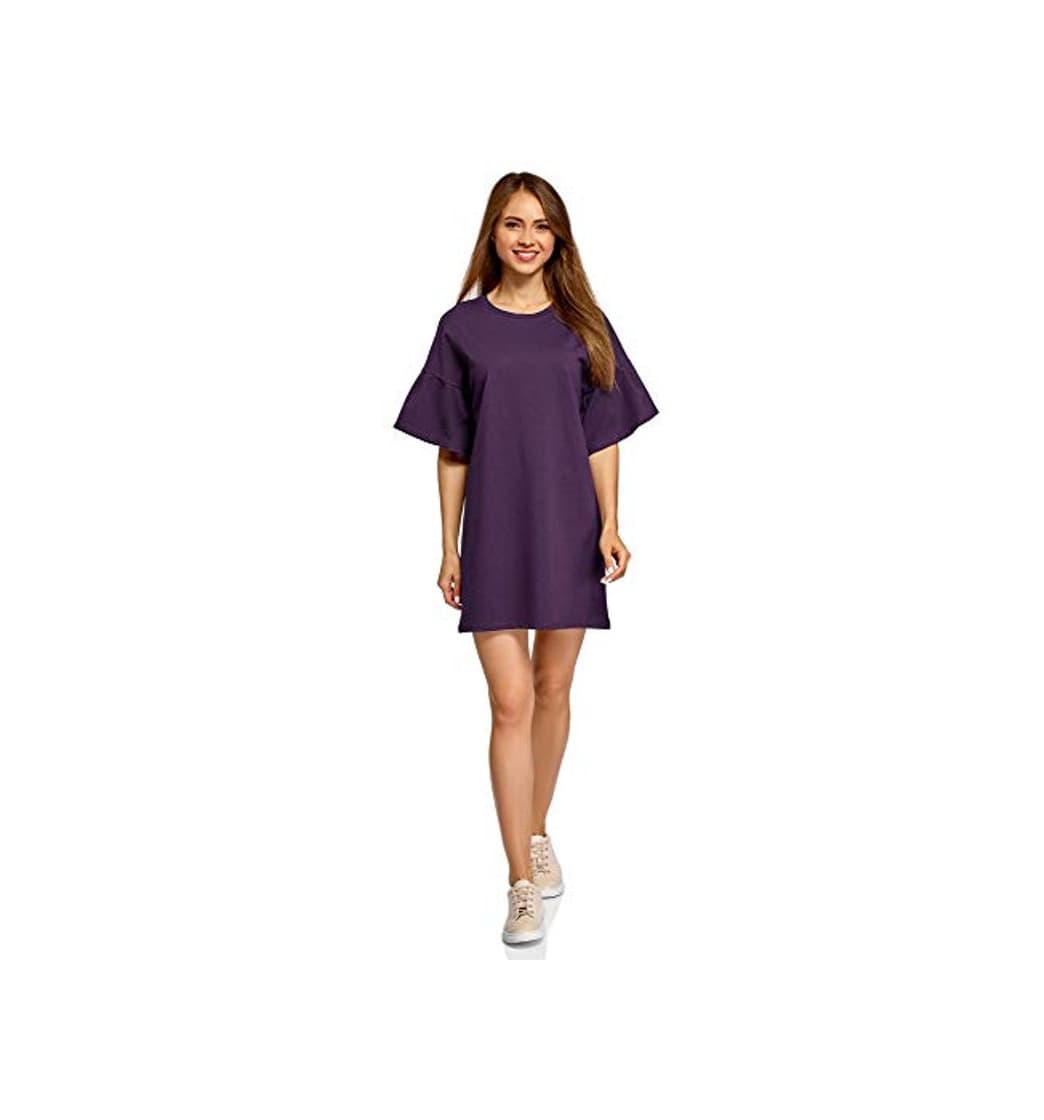 Product oodji Ultra Mujer Vestido Recto con Volantes en Las Mangas, Morado, ES