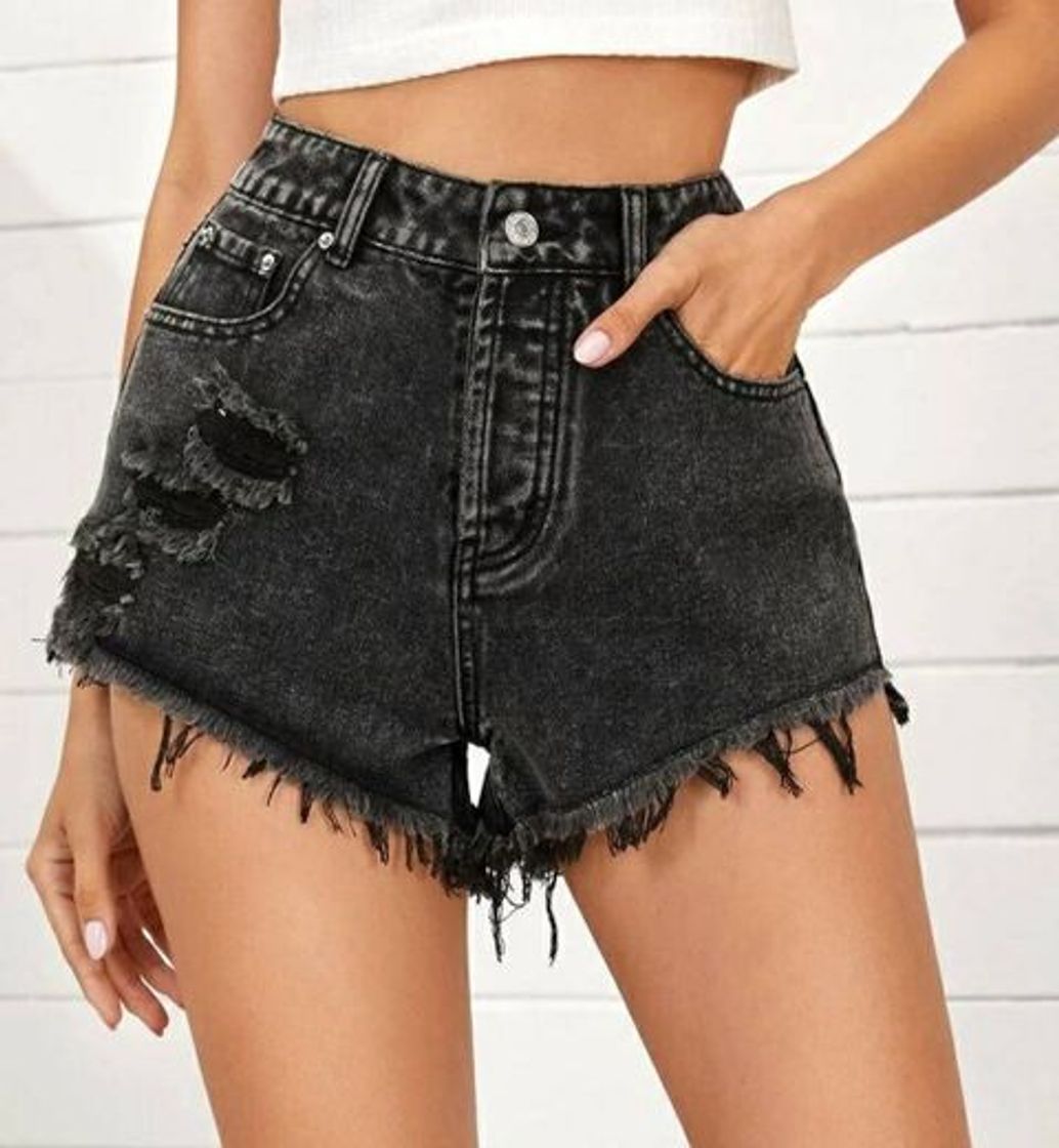 Moda Shorts Denim Rotos Bajo Crudo Con Bolsillo Oblicuo

