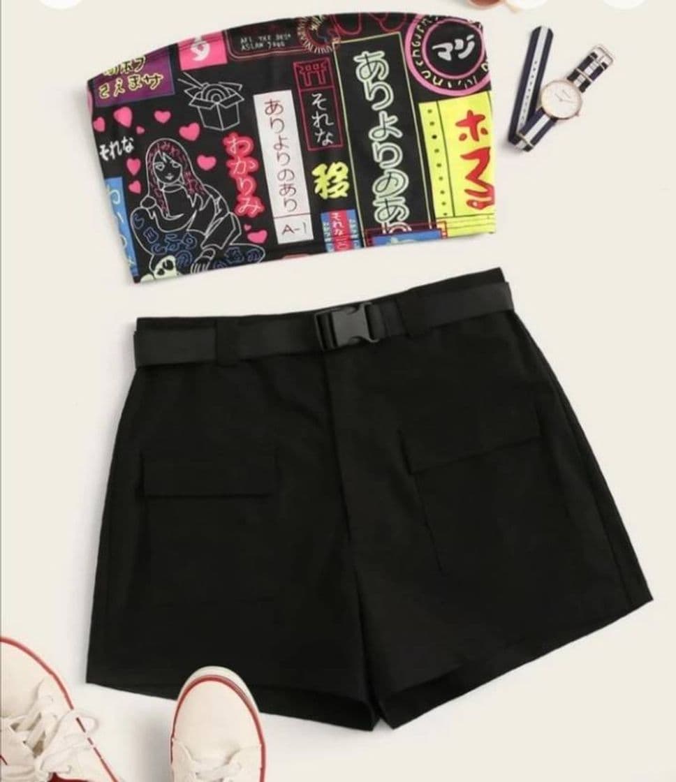 Moda Bandeau con estampado de letra y figura con shorts