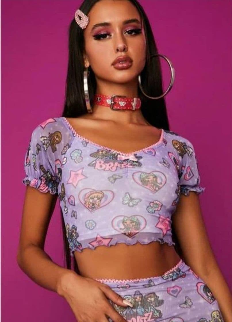 Fashion Dolls Kill x Bratz Toon Print Mesh Crop Top - Purple Multi | Dolls Kill