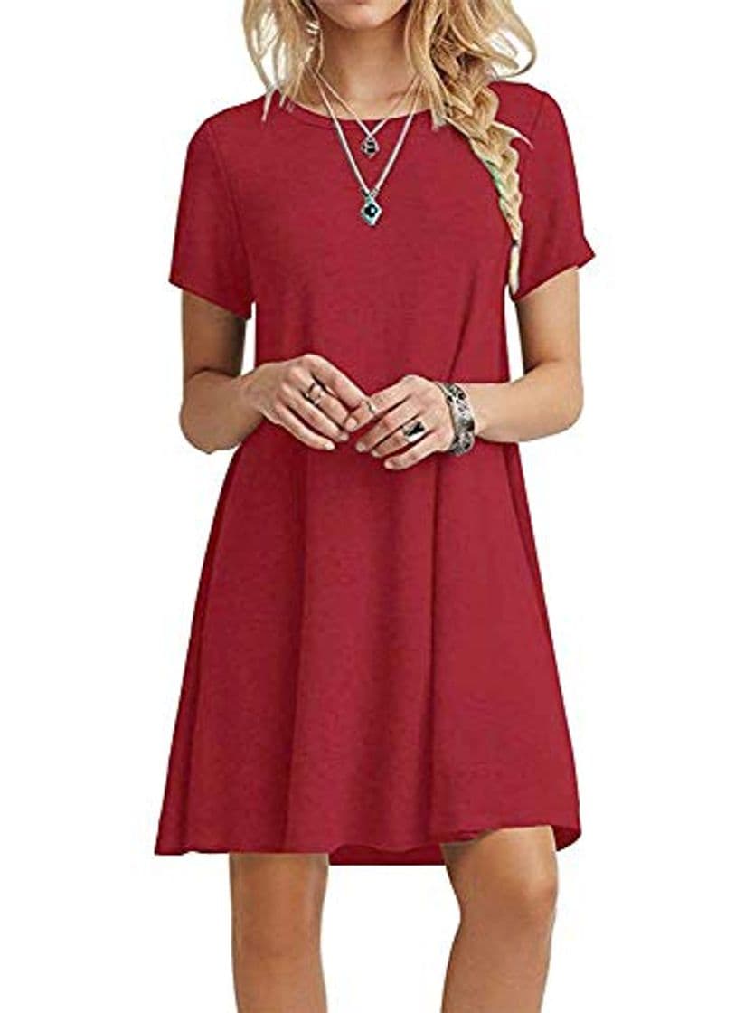 Moda FALARY Vestidos Mujer Casual Camiseta Suelto Cuello Redondo Ocasional Sólida Mini Rojo XXL