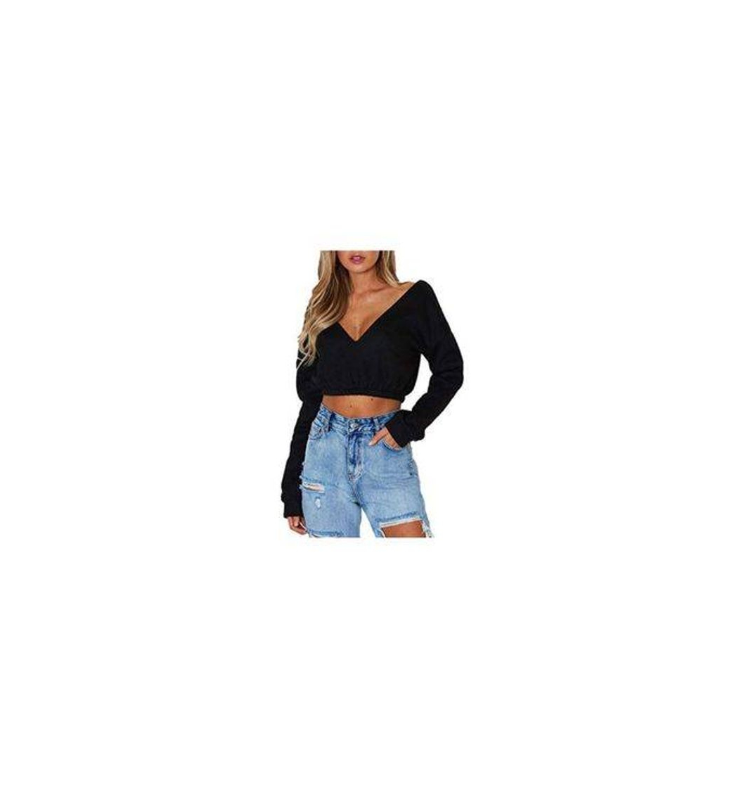 Producto OUFour Primavera y Otoño Mujeres Crop Top Cuello V Manga Larga Remata