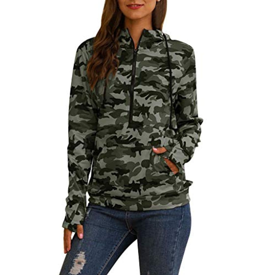 Product HappyShopYZ Otoño e Invierno Moda Ocio Cremallera Bolsillo Color Sólido Sudaderas Mujer Camuflaje Estampado De Rayas Sudaderas Manga Larga Señoras Jerséis Pullover Ropa Deportiva Dama Tops