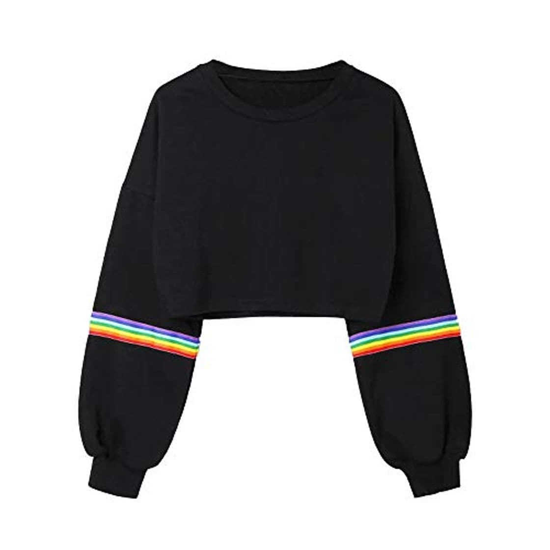 Producto Sudaderas Mujer BaZaHei Suéter de Manga Larga con Cuello Redondo y Manga Corta Sudadera Corta Jersey Rayas Arcoiris Cortas Adolescentes Chicas Patchwork Negro Moda Top para Mujer Otoño Invierno