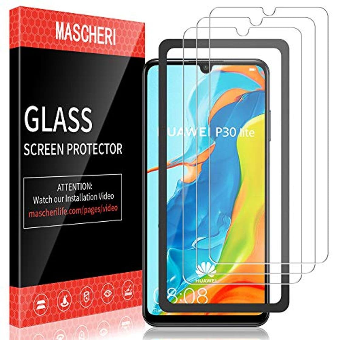 Product MASCHERI Protector de Pantalla para Huawei P30 Lite Cristal Templado [3 Paquetes] [Marco de posicionamiento] Vidrio Templado Protector Pantalla para Huawei P30 Lite