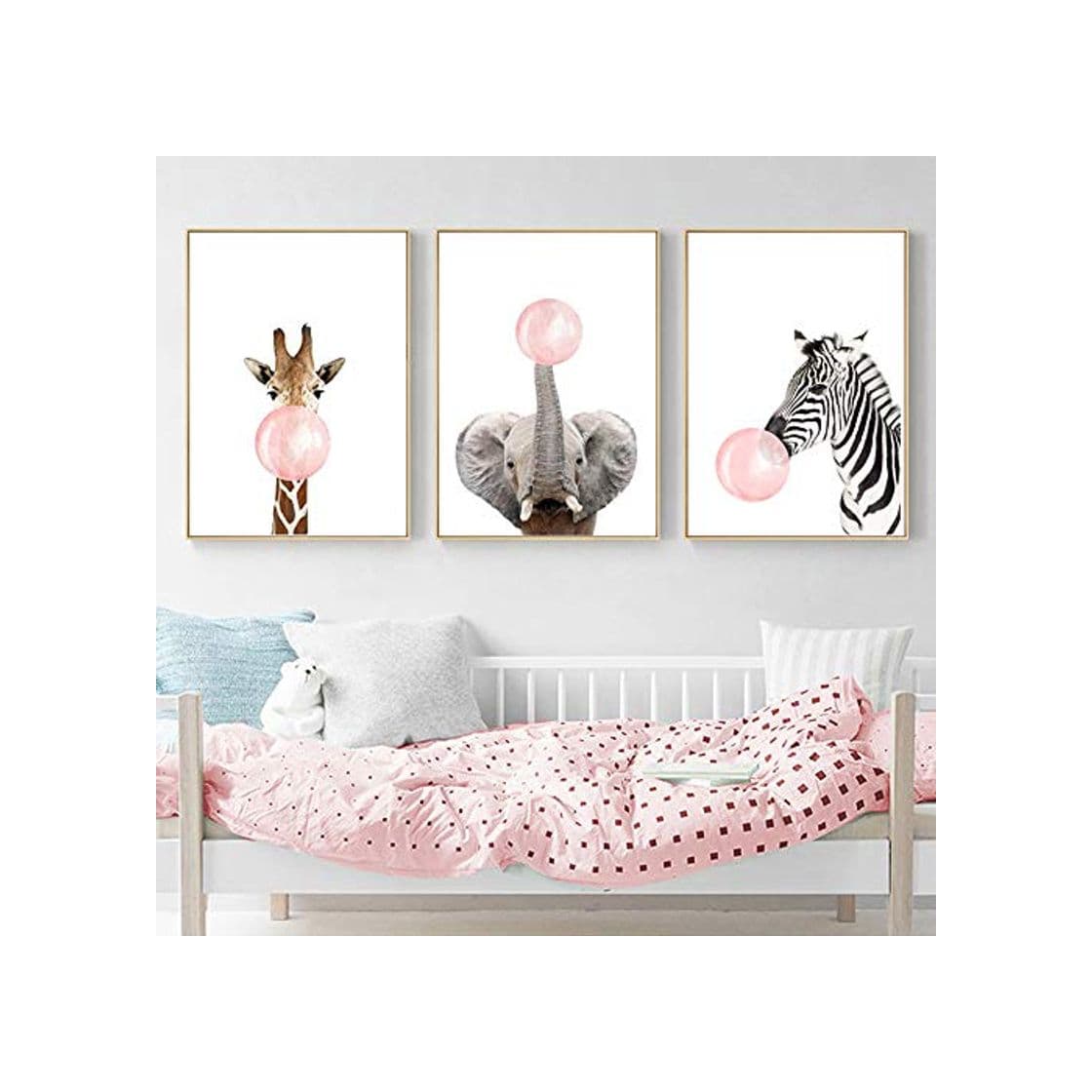 Product 3 Laminas Animales Elefante Jirafa Cebra Chicle Rosa Pósteres Decorativas Pared Infantil