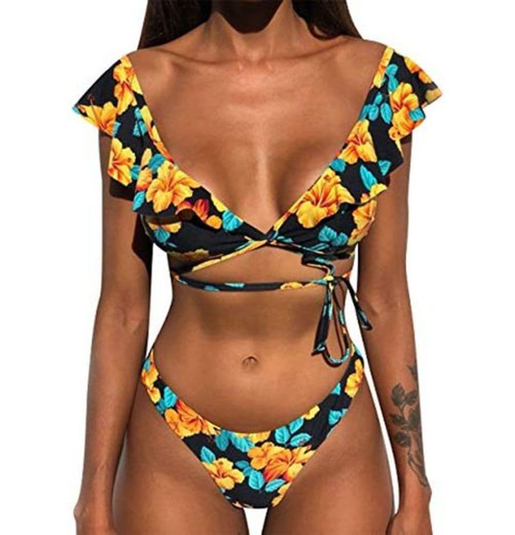 Product Bikini de Volantes Triangulo Push Up Mujer Trajes de Baño Flores de Dos Piezas Biquini Brasileño Rayas Vikini Bikinis Brasileña Señora Bañador Piscina Playa Mujeres Bañadores Natacion Amarillo M