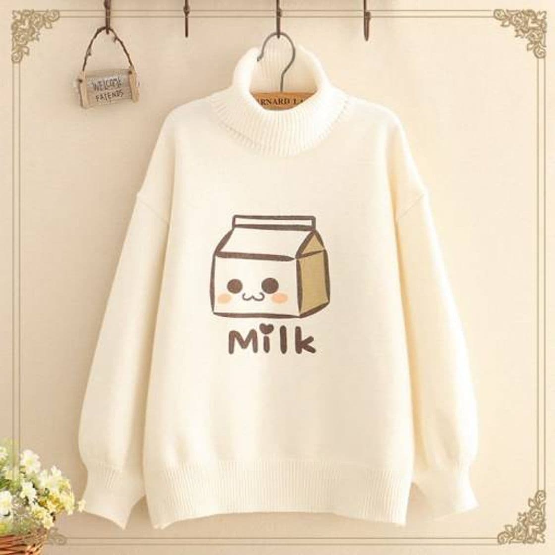 Moda 🍥Jersey Kawaii de Leche y Cuello Alto de Manga Larga🍥

