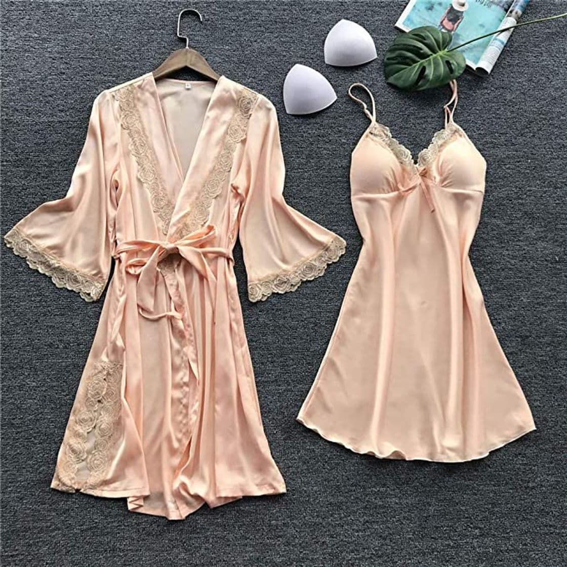 Fashion Yesmile Lencería Mujer Seda Vestido de Bata de Encaje Babydoll Ropa de Dormir Seda Conjunto Sexy Pijama de Encaje Cardigan Robe Dos Piezas