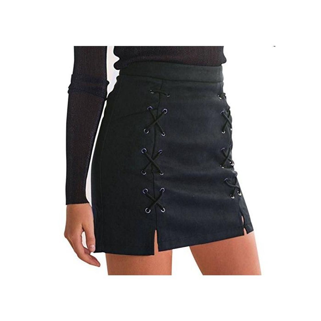 Fashion Minetom Mujer Chicas Ante Cintura Alta Delgado Bandas Minifalda Primavera Verano Moda Corto Vestidos Una línea Falda Mini Skirt Negro EU M