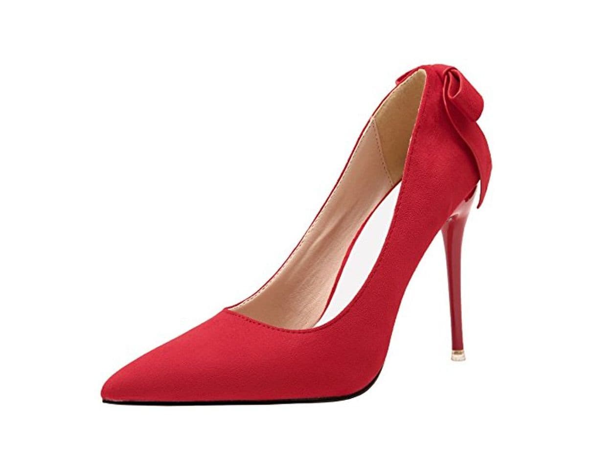 Moda Boda Zapatos Para Mujer Rojo Ante Tacones altos Dulce Bowknot Stiletto Fiesta Zapatos de tacón De BIGTREE 39 EU