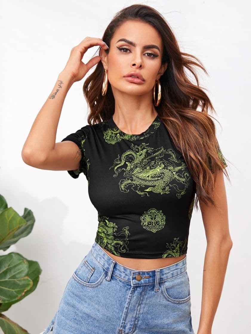 Moda Camiseta corta con estampado de dragón 