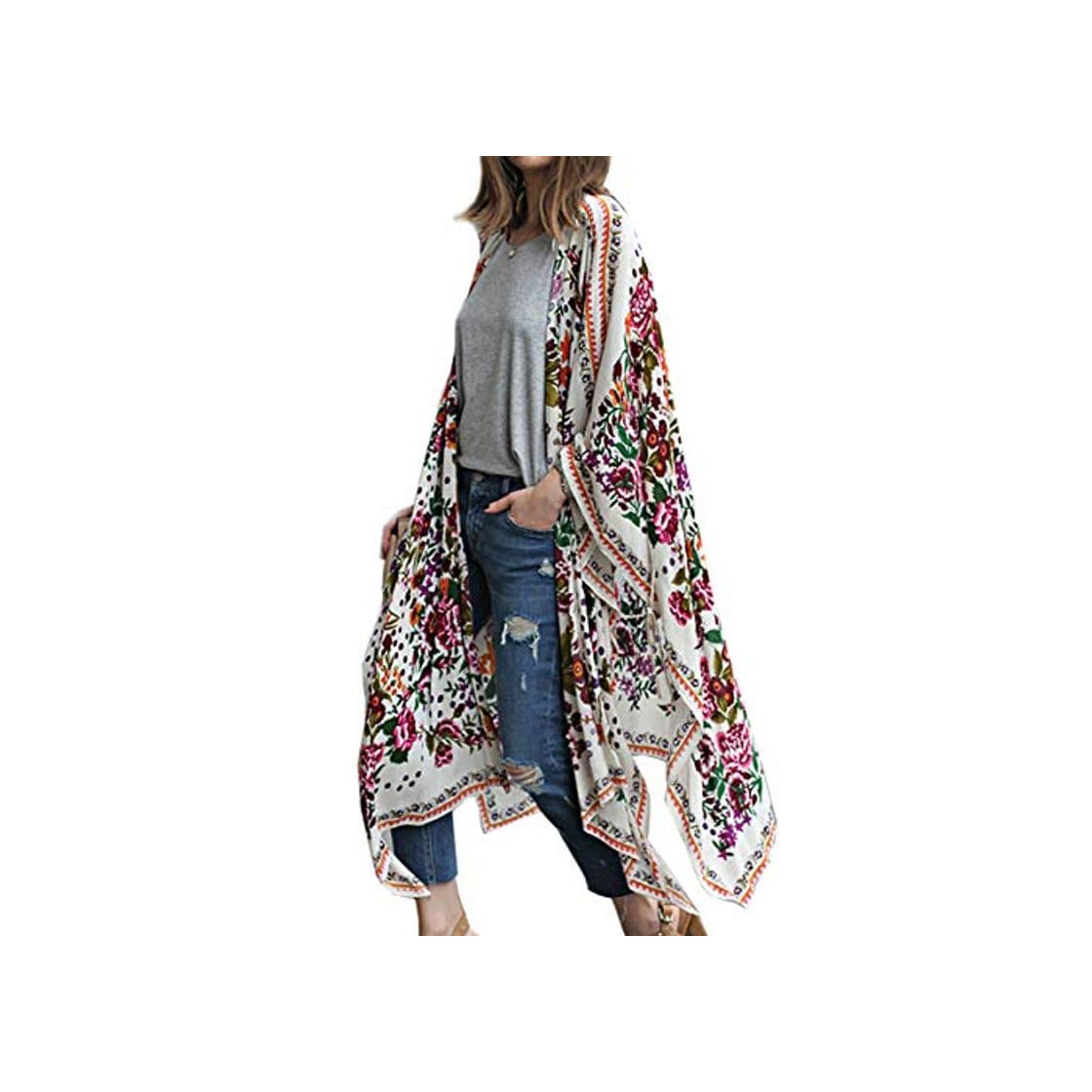 Product Mujeres Kimono largo floral cárdigans – gasa larga playa bikini cubierta hasta arriba estampado boho cárdigan frente abierto suelto chal blusa verano para mujer blanco A S