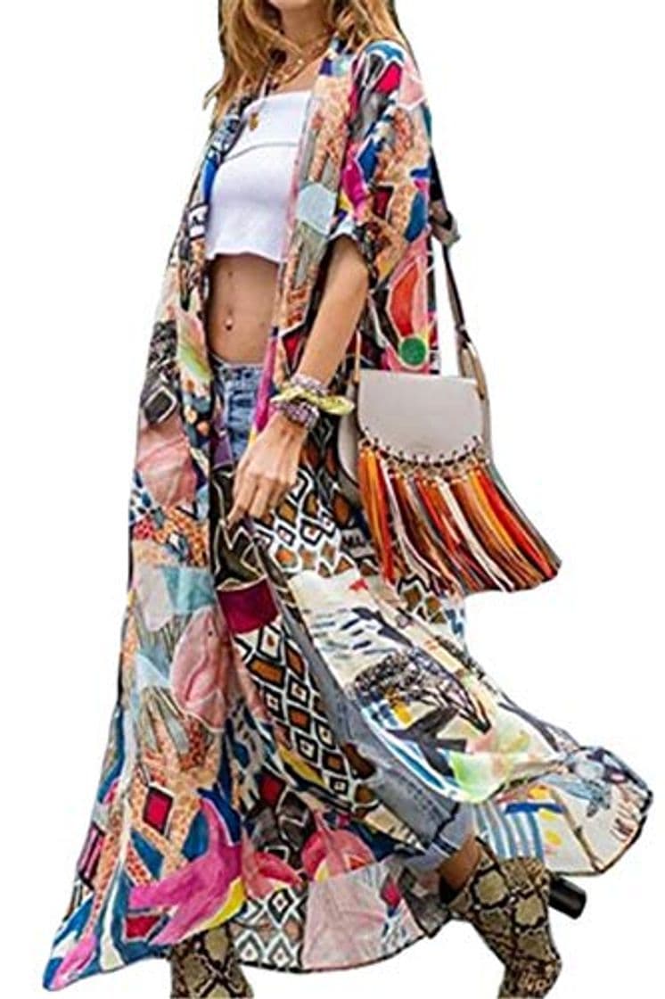 Fashion AiJump Vestido de Playa Floral Kimono para Bañador Pareos Camisa Larga de Verano Cover Ups para Mujer