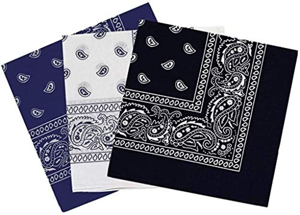 Producto Pack 3 Pañuelos Bandanas Paisley de Algodón 55x55cm para Cuello o Cabeza